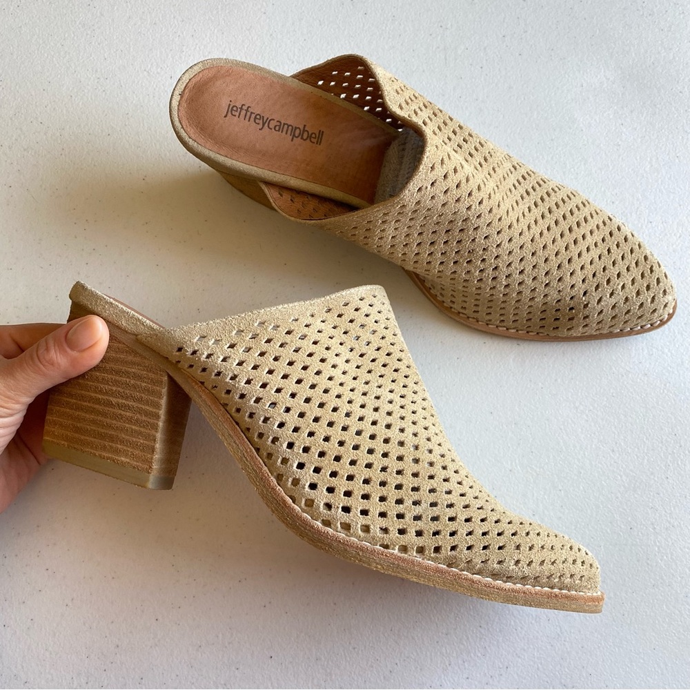 Jeffrey Campbell Size 10 Tan Mesh Suede Leather Slip-on Pointed Mule Block Heel